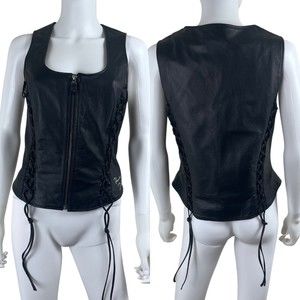 Harley Davidson Women Size M Black Leather Corset Lace Up Moto Vest Vintage Goth